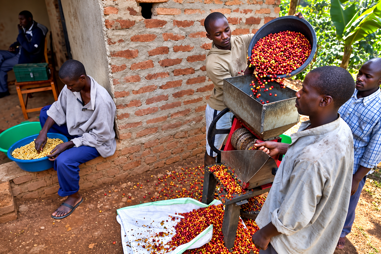 Coffee farmers processing coffee beans in Uganda