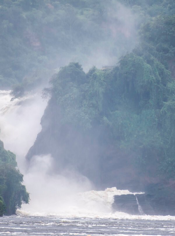 Scenic view of Murchison Falls National Park with the powerful Murchison Falls surrounded by lush greenery in Uganda.