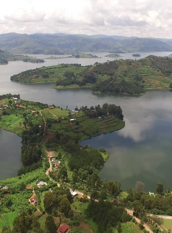 Beautiful view of Lake Bunyonyi surrounded by green terraced hills and peaceful islands in southwestern Uganda.